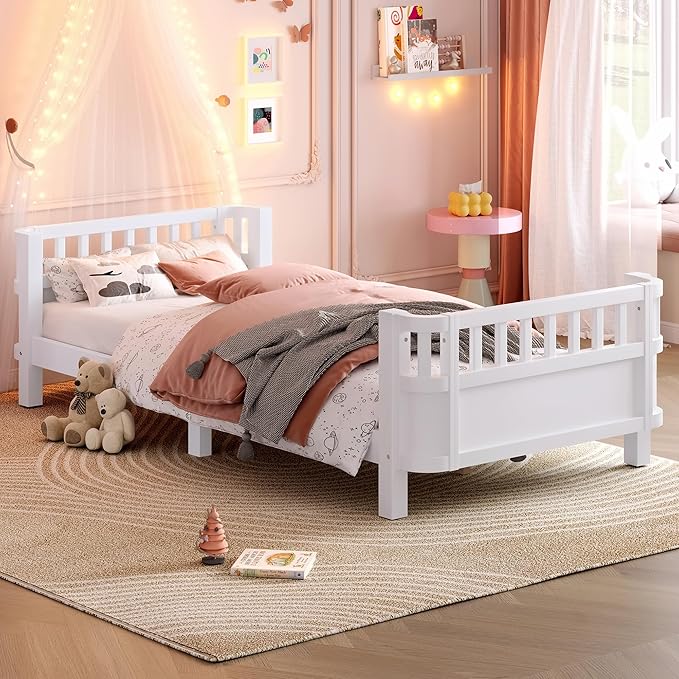 Bellemave Twin XL Montessori Bed with Fence and Slats Twin XL Low Platform Bed Frame with Detachable Side Bed Rails and Rounded Corner Design Easy Assemble Montessori Bed White