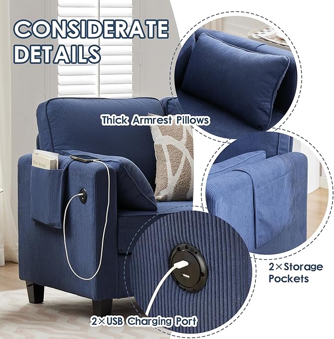 Convertible Sectional Sofa Couches for Living Room with Movable Ottoman 3 Seat 80 L Shaped Sofa with USB Ports&amp2 Pockets Corduroy Fabric Sofa Recliner for Apartment Small Place (Blue)