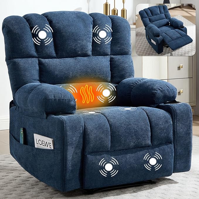 Massage Recliner Chair with Heat Blue Recliner Chair with Cup Holder for Adults Manual Reclining Chairs Large &amp Oversized Recliners for Living Room Fabric Heavy Duty (Blue)
