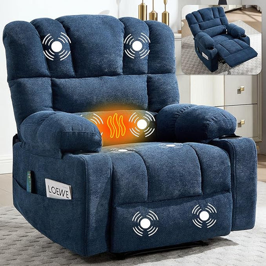 Massage Recliner Chair with Heat Blue Recliner Chair with Cup Holder for Adults Manual Reclining Chairs Large &amp Oversized Recliners for Living Room Fabric Heavy Duty (Blue)
