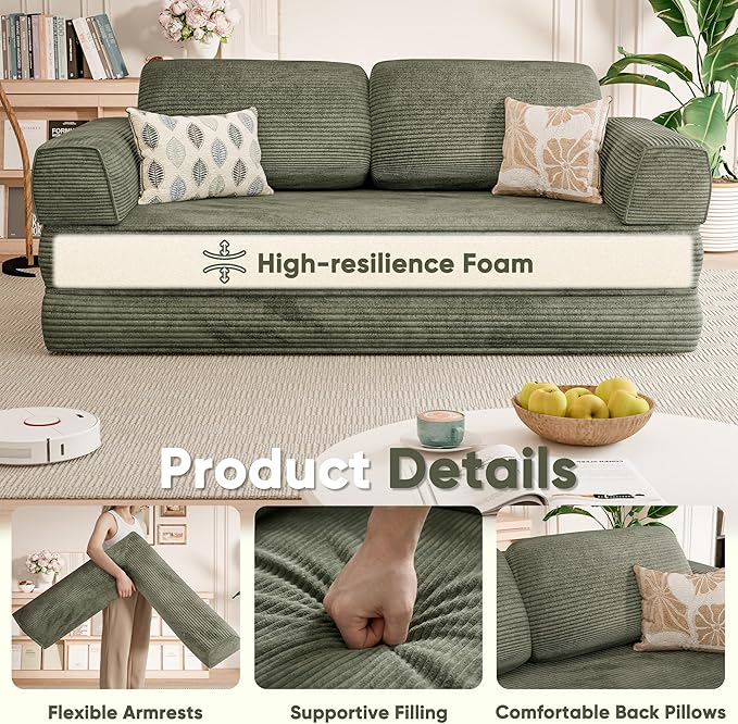 Homall 4-in-1 Convertible Sofa Bed Oversized Boneless Couch with 4 Frame Kits and Removable Armrests Corduroy Sleeper Sofa with 2 Pillows for Small Space No Assembly Required (Green)