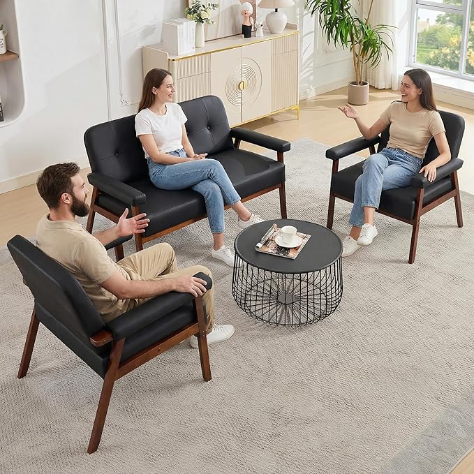 STHOUYN 50”W Black Faux Leather Small Office Couch Loveseat Sofa with Wood Arms Mid Century Modern Love Seat Sofas Lounge Armchair Living Room Bedroom (Black (loveseat))