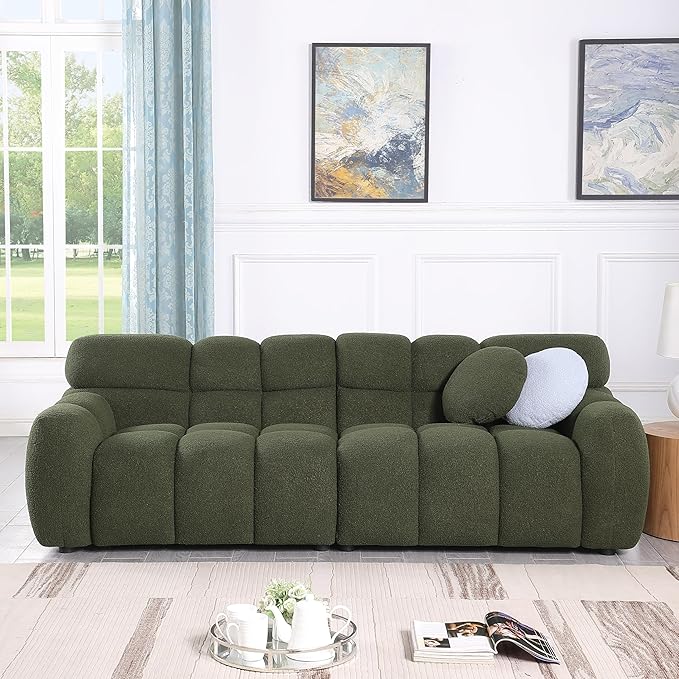 86.5 Green Boucle Cloud Sofa Couch Modern Tufted 3 Seater Sectional Sofa Set for Living Room Comfy Upholstered Couch Bed with 2 Accent Pillows for Bedroom Apartment Office