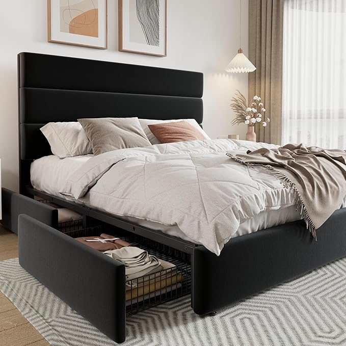 Allewie Modern Full Size Platform Bed Frame with 4 Storage Drawers and Velvet Upholstered Headboard Wooden Slats Support Upholstered Mattress Foundation/No Box Spring Needed/Easy Assembly Black