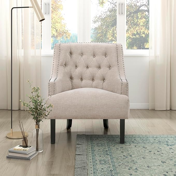 Lexicon Accent Chair Reading Chair Comfy Chair for Bedroom Upholstered Armchair with Solid Wood Frame Tufted Cushion Nail Head Trim Single Sofa Chair for Living Room Office Taupe Chenille