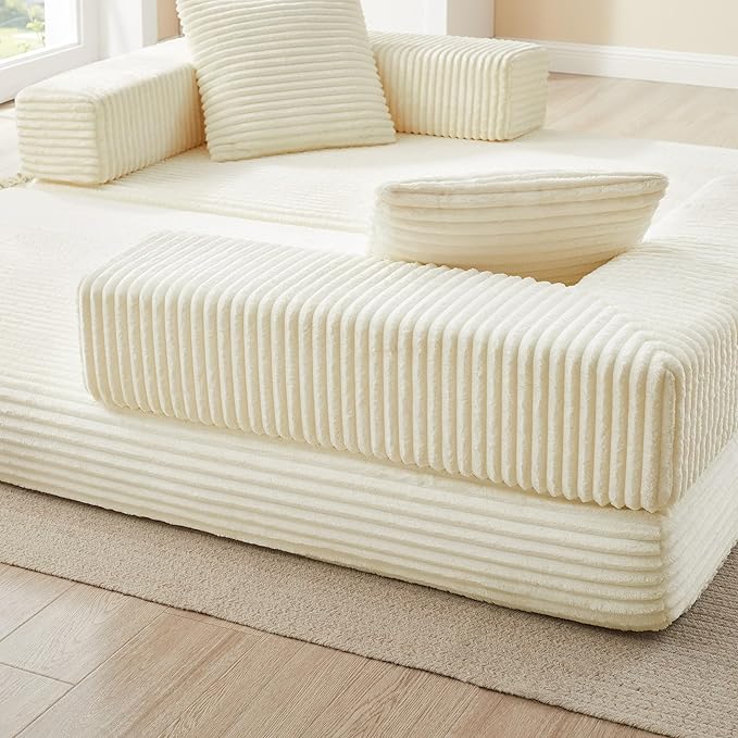 81'' Futon Sofa Bed Folding Floor Couch Bed Corduroy Fabric Boneless Couch Compressed Boneless Sofa in a Box Comfy Sleeper for Living Room-Beige