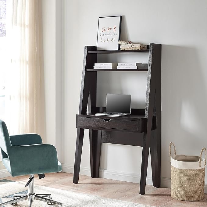 Ladder Desk Home Office Study Desk with Drawer and Two Shelves in Red Cocoa