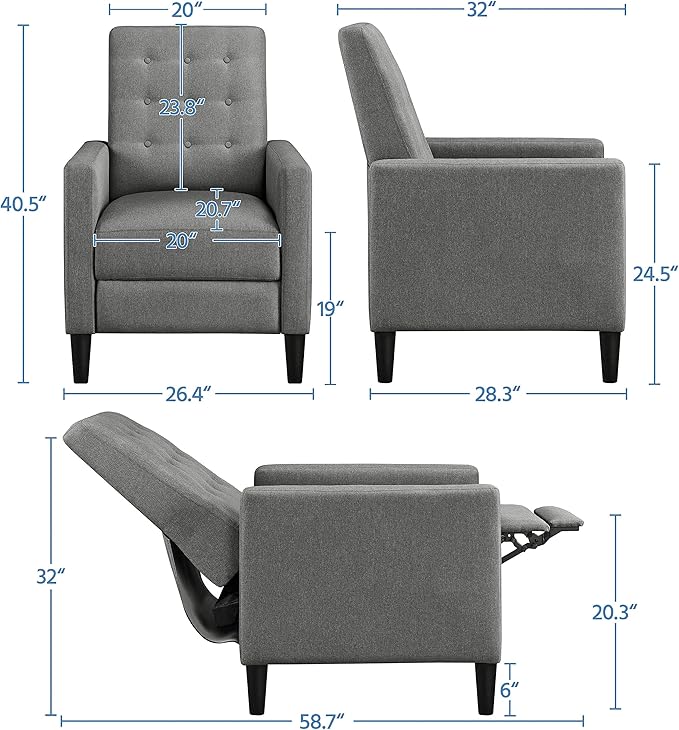 Topeakmart Mid-Century Modern Fabric Recliner Modern Tufted Reclining Single Sofa for Living Room Padded Cushion Home Theater Seat Grey