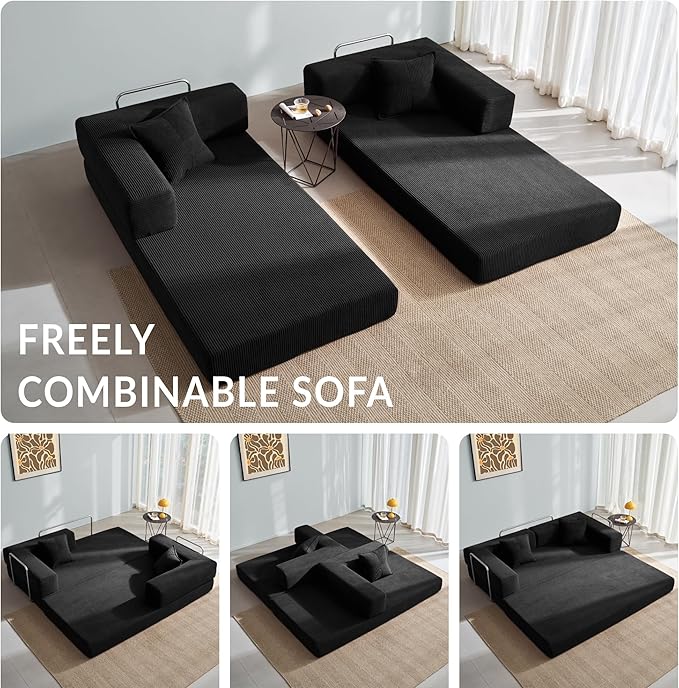 Compression Sofa - 78''Convertible Floor Sofa Bed - with Pillow Back Support Armrest - Comfy Foldable Sofa Bed Compressed Sofa in Box - Corduroy Fabric - for Living Room Bedroom - Obsidian