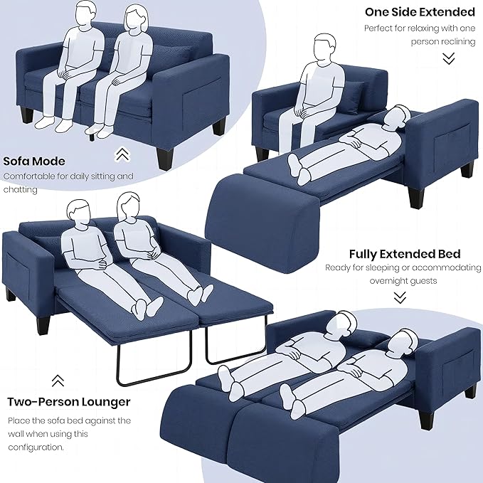 6 in 1 Multifunctional Sofa Bed 58 Convertible Pull Out Couch Loveseat Sleeper w/Removable Backrest Foldable Mat Storage Pockets &amp 2 Pillows Modern Folding Linen Sofas for Small Spaces Blue