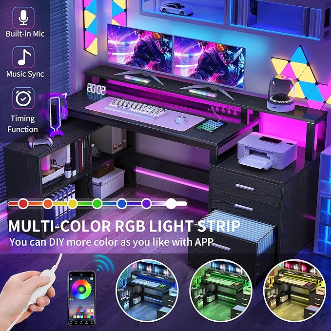 YITAHOME L Shaped Desk with 3 Drawers 65 Corner Computer Desk with Power Outlets &amp LED Lights L-Shaped Desk with File Cabinet &amp Printer Stand for Home Office Black