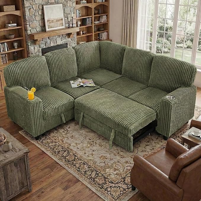 81 Modular Sectional Sofa L Shaped 5-Seater Sleeper Sofa with Pull Out Bed Hidden Storage Cup Holders &amp USB Charging Ports Sectional Couches for Living Room Corduroy Green