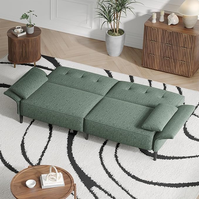 89” Futon Sofa BedComfy Futon Couch Bed with 2 Square PillowsConvertible Sleeper Sofa with Adjustable Backrest&amp Armrests Modern Loveseat Sleeper for Living Room Bedroom Linen Green