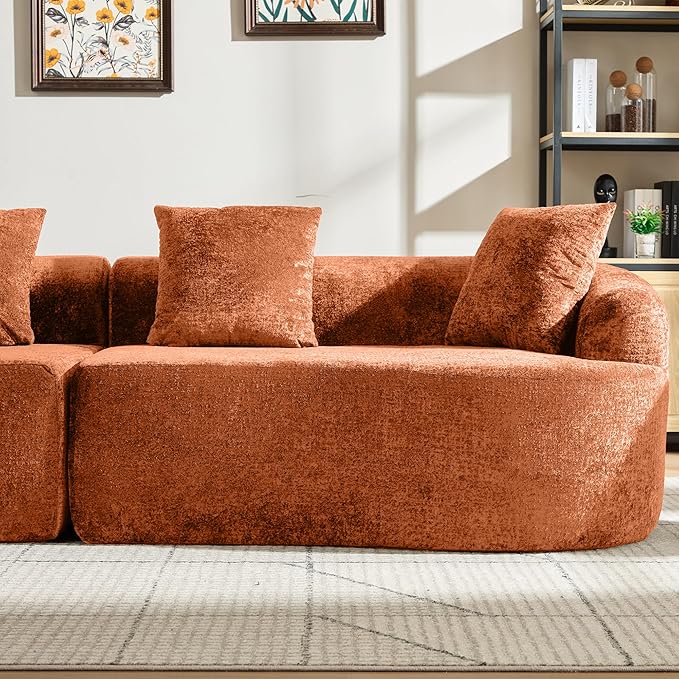 Curved Sectional Couch 110 Chenille Cloud Sofa with 4 Pillows 4-Seater Sleeper Sofa for Living Room Apartment Full Compression Sponge (Orange 110 Inch)