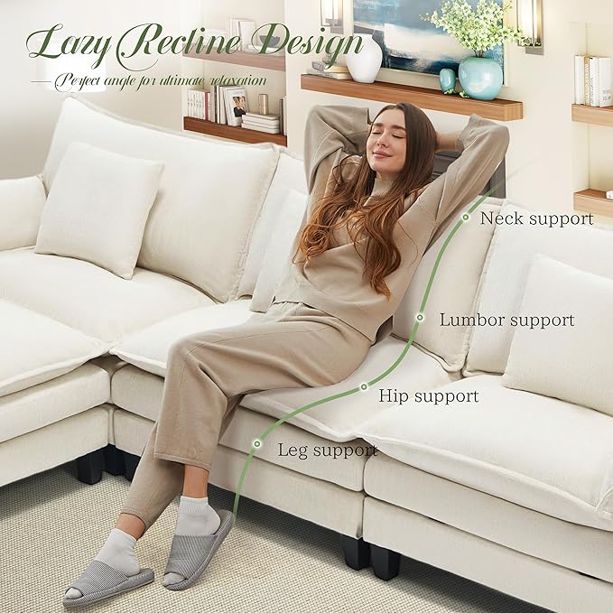 Comfy Cloud Couch with Movable Ottoman Modular Sectional Sofa 140 U Shaped Modern Sofa with Pillows Deep Seat Couches for Living Room Bedroom and Apartment Beige