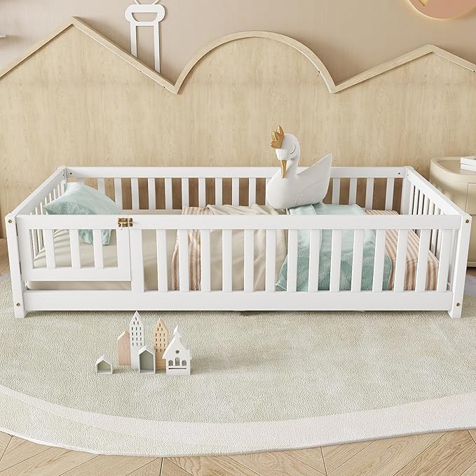 Twin Floor Bed with Slats Fence and Door Twin Size Montessori Floor Bed for Kids Girls Boys Easy Assemble Montessori Bed Frame(Twin White)