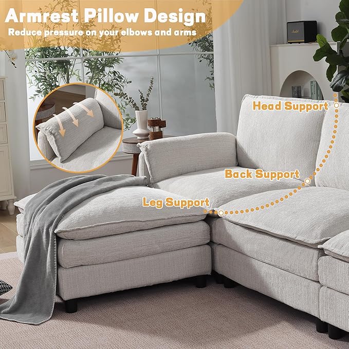 108 Cloud Sectional Couches for Living Room Convertible L Shaped Modular Sectional Sofa with Movable Ottoman 3-Seat Chenille Cloud Couch with Deep Seat for Bedroom Apartment Beige
