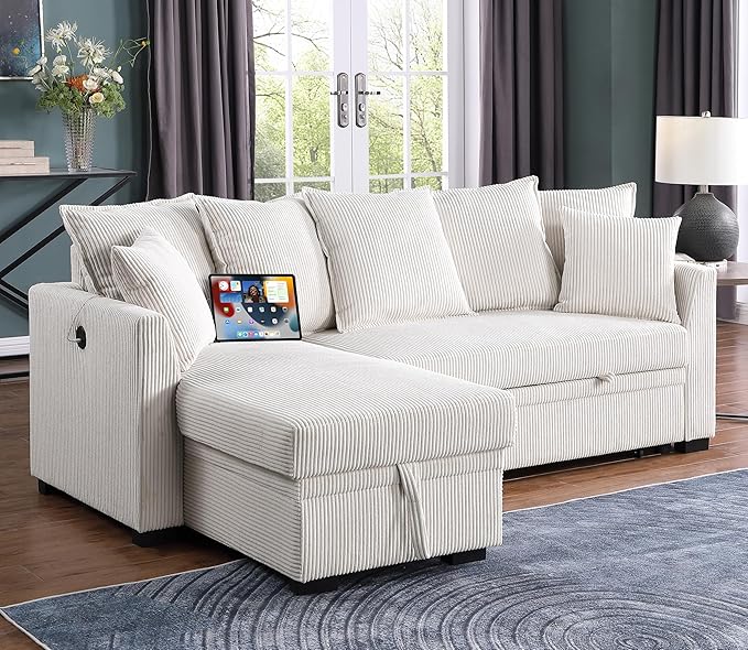 Modern Living Room Corner Convertible Sofabed Corduroy Upholstered Reversible Sleeper Sectional Sofa with 7 Pillow and USB Ports L-Shaped Pull Out Sleep Couch Bed W/Reversible Storage Chaise Daybed