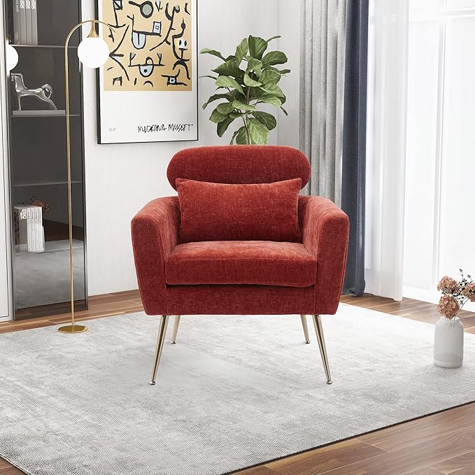29.5W Modern Chenille Accent Chair Armchair Upholstered Reading Chair Single Sofa Leisure Club Chair with Gold Metal Leg and Throw Pillow for Living Room Bedroom Dorm Room Office Terracotta Chenille
