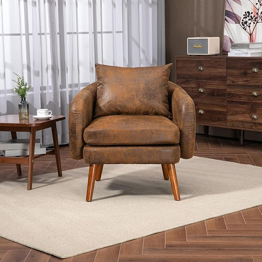 Mid Century Lounge Armchair with Boucle Fabric Solid Wood Legs and Comfortable Cushions Ideal for Bedroom and Living Room Reading and Relaxing (Coffee)