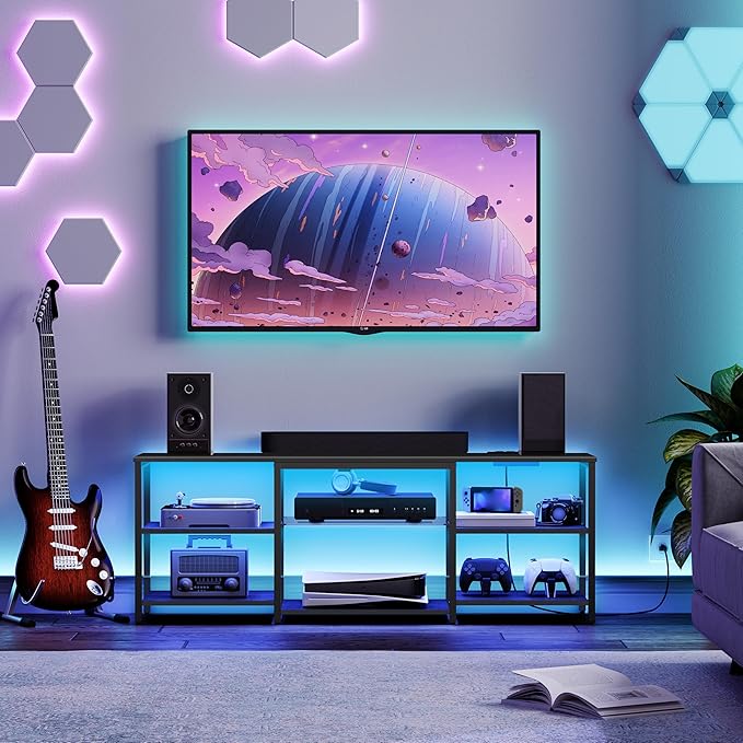 HOOBRO LED TV Stand for 65 Inch TVs with Charging Station Gaming Entertainment Center with 3-Tier Open Storage Long Media TV Console Table TV Stand for Living Room Bedroom Black BB20UDDS01