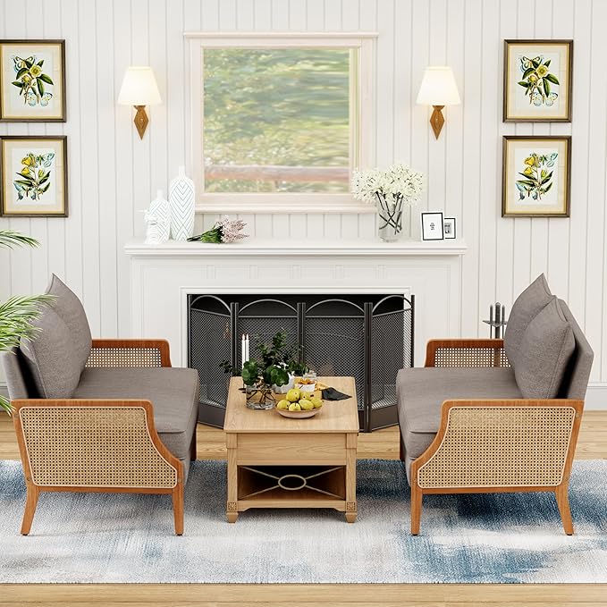 Loveseat Sofa Couches with Rattan Arms and Pillows for Living Dining Room Bedroom Office Entryway Small Spaces Taupe