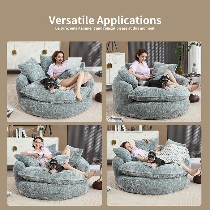 55 Oversized Round Boneless Lounge Chair - Cloud Comfy Reading Seat for Living Room Home Office (Blue Gray Round Lounge Chair (Ottoman Not Included))
