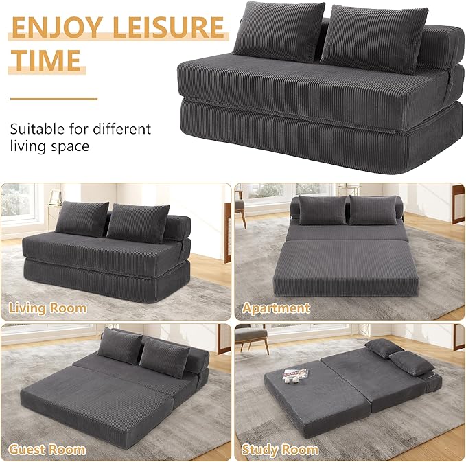 Folding Sofa Bed Full Size Modern Corduroy Floor Boneless Loveseat Couch Bed with 2 Pillows Comfy 3 in 1 Convertible Sleeper Sofa for Living Room Apartment Dorm Small Space Grey