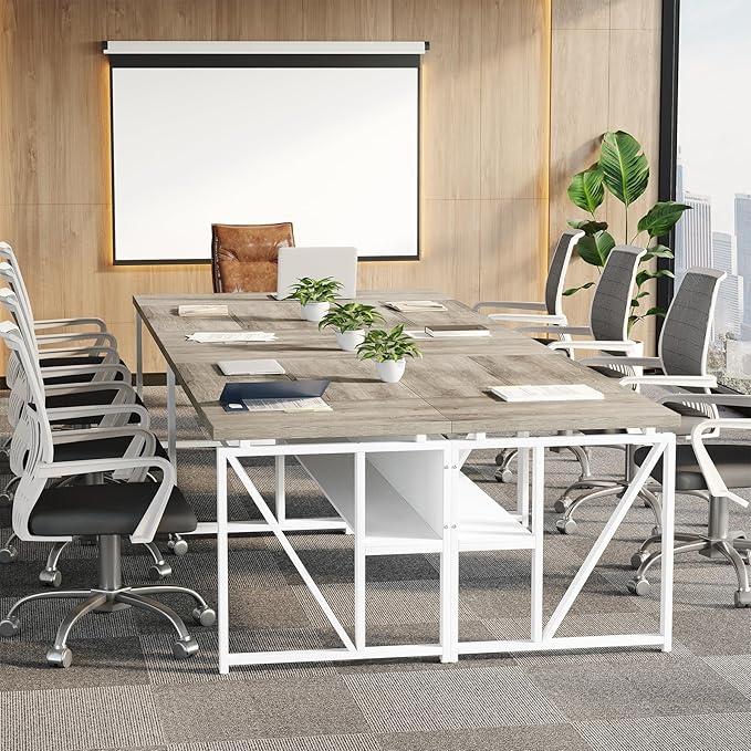LITTLE TREE 63-Inch Executive Office Desk Large Computer Desk with Storage Shelf Executive Desk with Metal Frame Thickened Desktop Study Writing Desk Work Station for Home Office Grey + White
