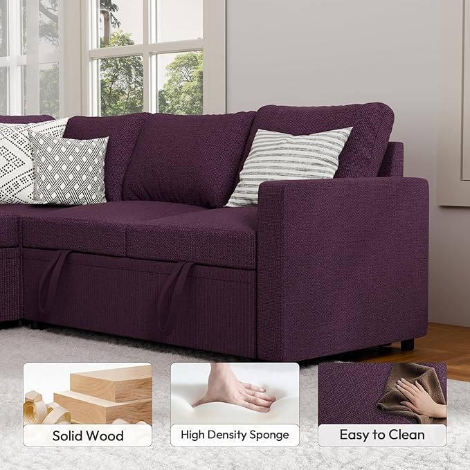 FONTOI Sleeper Sofa Bed Modular Sectional Couch with Pull Out Bed L Shaped Sectional Convertible SofaBed with Storage Seat for Living Room Apartment Bedroom Office Purple Linen