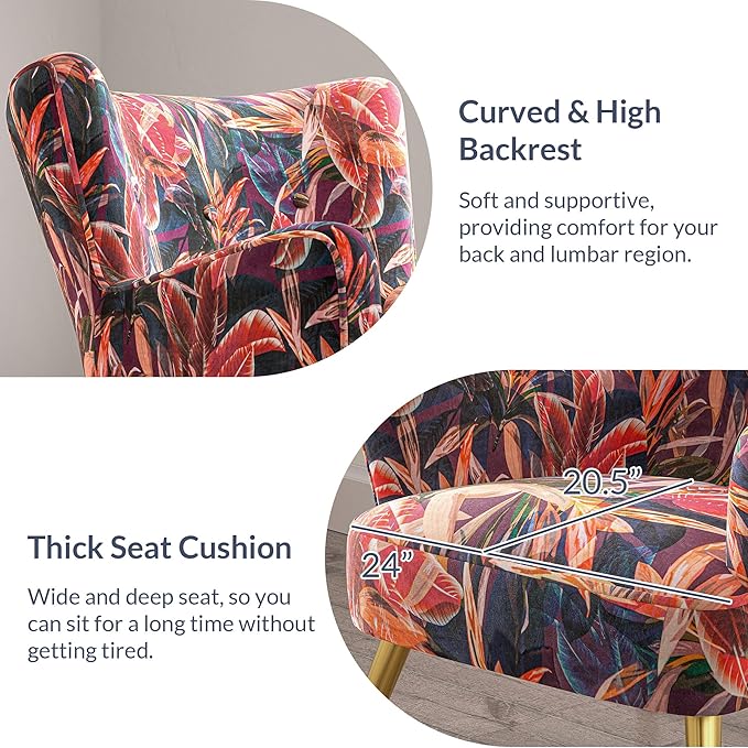 BELLEZE Modern Accent Chair High Back Floral Pattern Armchair with Metal Legs Upholstered Wingback Single Chair for Living Room Bedroom Office [Set of 2] - Holland (Red Floral)