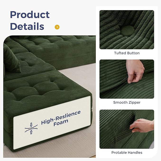MAXYOYO Modular Sectional Sofa Couch Foldable U Shaped Cloud Couch with Pillows Tufted 6-Seat Boneless Sleeper Lounger Floor Sofa Bed for Living Room No Assembly Required Dark Green