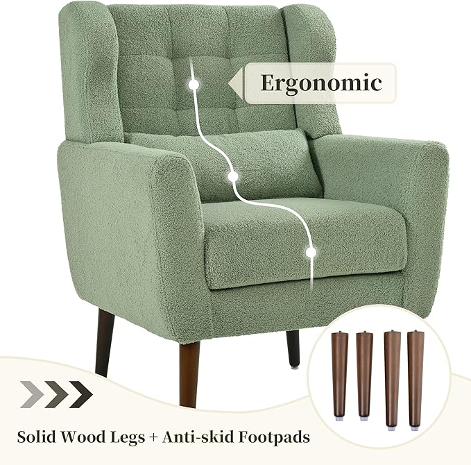 Modern Accent ChairTeddy Fabric Living Room Chairs Comfy Reading ChairMid Century Accent Chair Lounge Arm Chairs Armchair for Living Room Bedroom (Light Green)