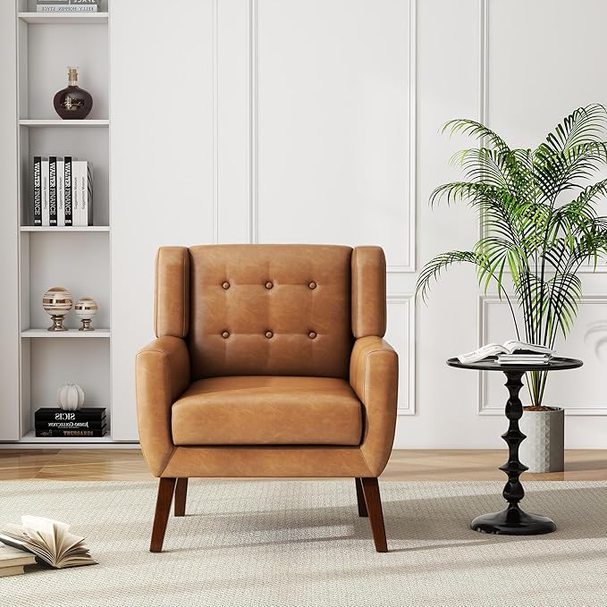 UIXE Faux Leather Accent Chairs Set of 4 Modern Arm Club Chair Upholstered Armchair for Living Room Comfy Single Sofa Seats Button Tufted Reading Seating Brown