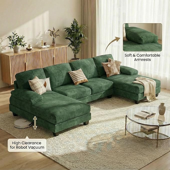 Homall Modular Sectional U Shaped Sofa Couches for Living Room Comfy Chenille 4 Seat Sofa Set with Removable Pillows Lounge Chaise Upholstered Couch for Apartment (Chenille Green)