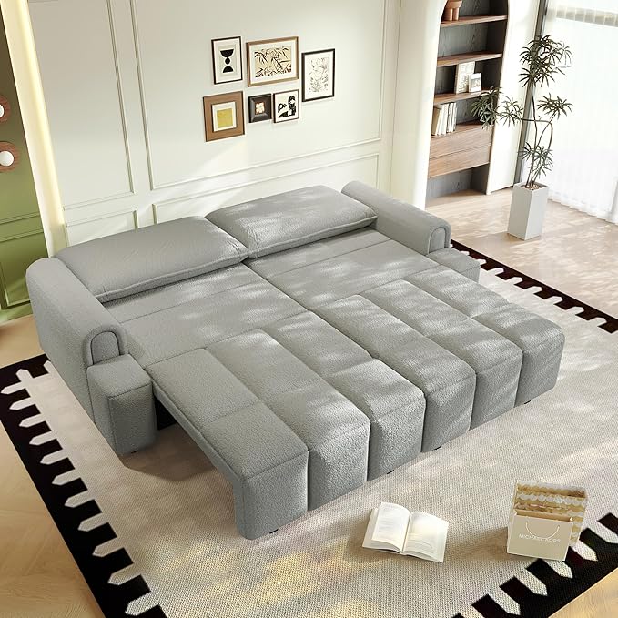 KEIKI 90.2 Space-Saving Convertible Sofa Bed – 3-in-1 Sleeper Couch with Deep Seats Storage Modern Teddy Fabric Sofa for Apartment Small Spaces Studio Living Multifunctional Sofa Bed with Wheels