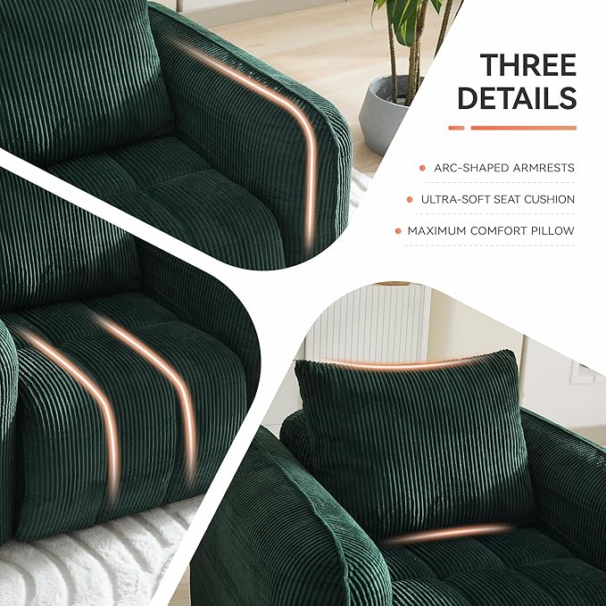 66'' Boneless Corduroy Loveseat Sofa 2 Seater Tufted Deep Seat Couch with Rounded Armrest Upholstered Cloud Couch for Living Room Bedroom No Assembly Green