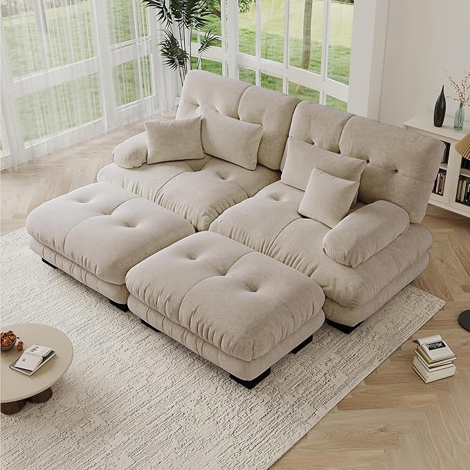 Convertible Modular Sectional Sofa 94.4 Modern U Shaped Cloud Couch with Ottoman Comfy 2 Seater Loveseat Sleeper Sofa with Deep Seat Oversized Upholstered Chenille Couches for Living Room