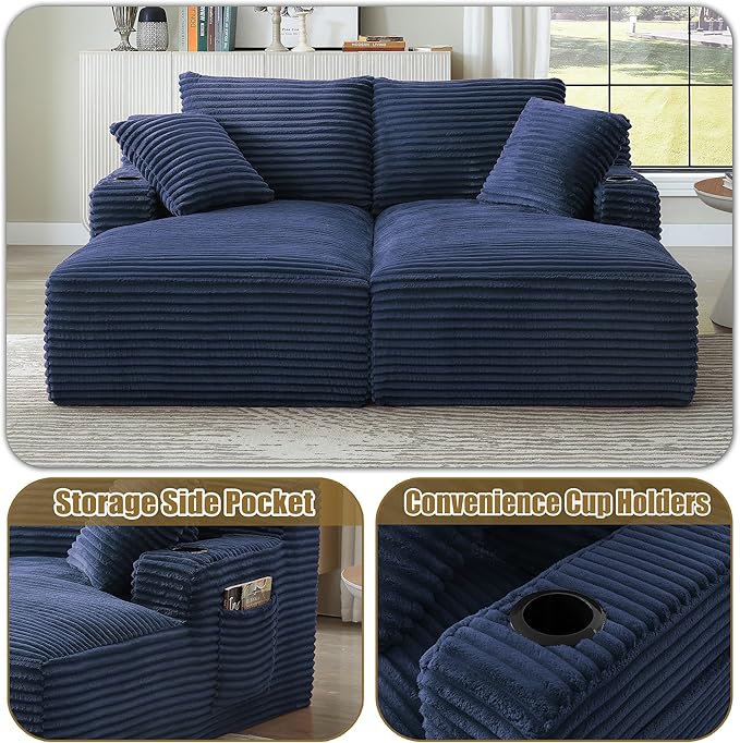 Double Chaise Lounge Sofa Boneless Cloud Couch Bed with Cup Holders and Side Pockets Comfy Deep Seat Sleeper Sectional Loveseat Chair for Living Room (Blue 2 Seat)