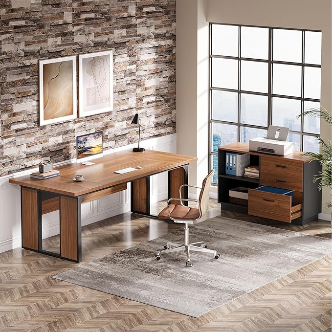 Tribesigns 63‘’ L-Shaped Executive Desk Office Table with 39.37-Inch Drawers Cabinet Large Computer Desk with Storage Shelves Business Furniture Set for Home Office Brown &amp Black