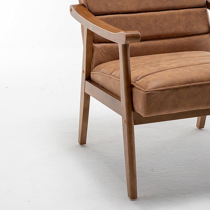 Unique Mid Century Modern Accent Chair with Open-Framed Armchair Design Plush Foam Cushioning and Leather-Look Microfiber Seat and Back Cushions Brown