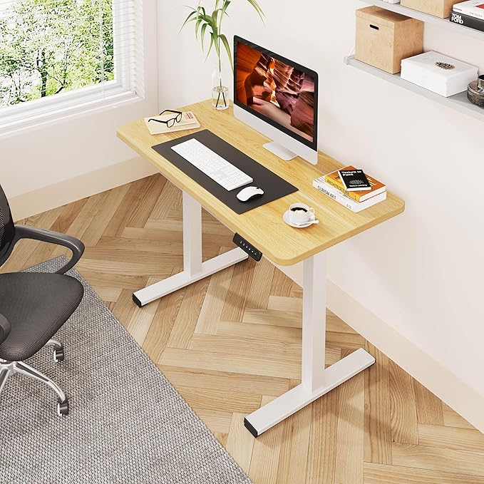 One-Piece Standing Desk 47 x 24 Inches Small Adjustable Height Desk Electric Sit Stand Desks Home Office Computer Workstation Maple
