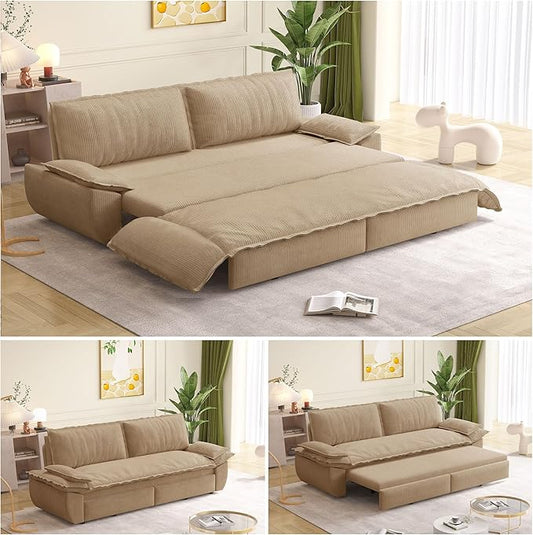 73.2 Queen Size Pull Out Sofa Bed 3-in-1 Convertible Sleeper Corduroy Loveseat for Living Room Apartment Bedroom Small Spaces Camel (Mattress &amp Bedding Not Included)
