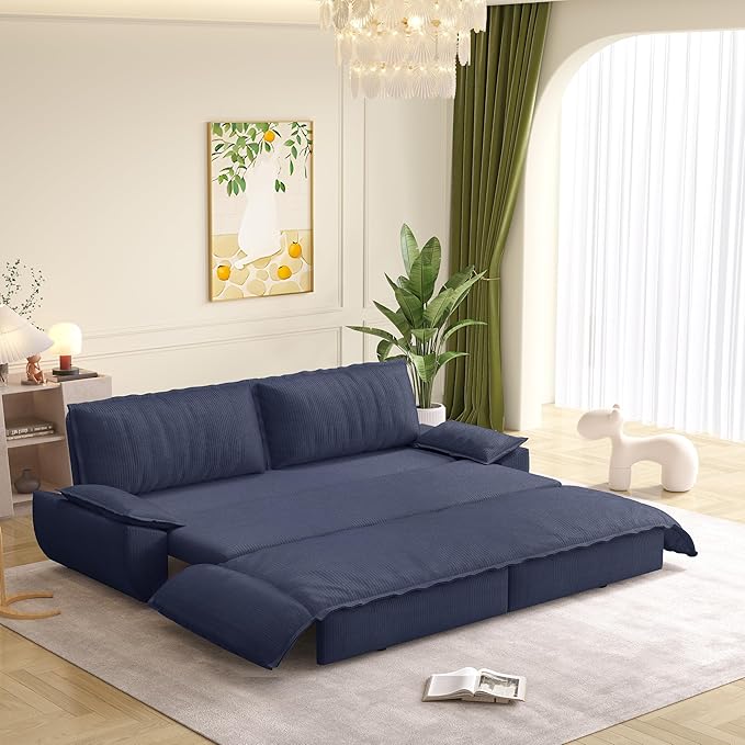 73.2 Sleeper Sofa Bed Queen Size 3-in-1 Convertible Couch Modern Pull Out Couches Comfy Corduroy Futon Sofa Cloud Loveseat Lounge Pillow Arm for Living Room Apartment Dark Blue