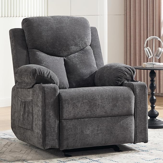 Manual Rocker Recliner Chair for Adults with Vibration MassageGlider Rocking Recliner Chairs for Living Room Bedroom Overstuffed Reclining Sofa Chair with Pockets and Cup Holds (Dark Grey)
