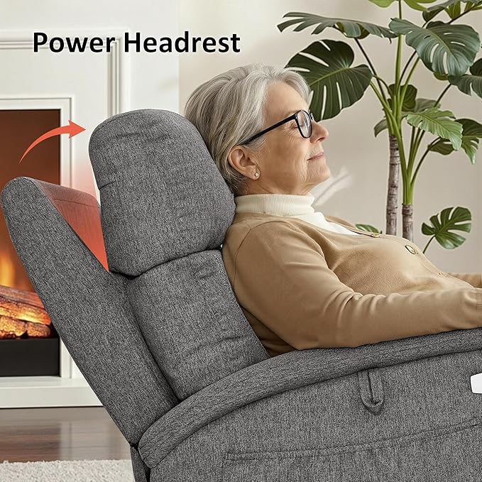 MCombo Power Lift Recliner Chair with Massage and Dual Heating Adjustable Headrest Extended Footrest for Elderly People Fabric R7605 (Dark Grey)
