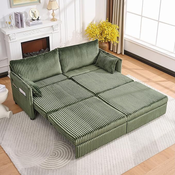 KEIKI 73 3-in-1 Pull Out Sofa Bed Convertible Corduroy Sleeper Sofa with USB Ports &amp Side Pockets Modern Futon Couch for Living Room Apartment or Bedroom Green