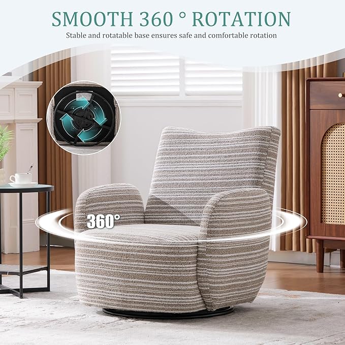 Modern Boucle Upholstered Accent Swivel Barrel ChairLeisure Club Lounge Chair with Sand-Rimmed Fabric and Metal Bracket for Living Room Bedroom Home Office (Khaki Boucle)