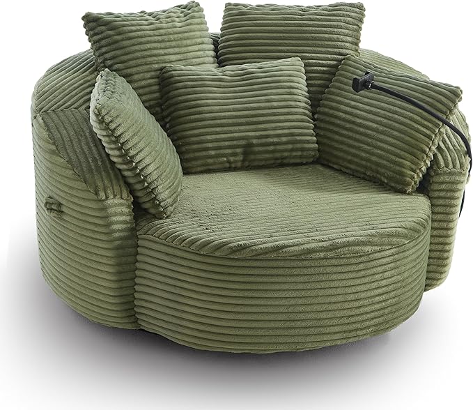 360° Swivel Accent Chair with 5 Throw Pillows Adjustable Phone Holder Corduroy Fabric Round Sofa Chair Barrel Chair with Semi-Wraparound Design for Living Room Office and Hotel (Green1)