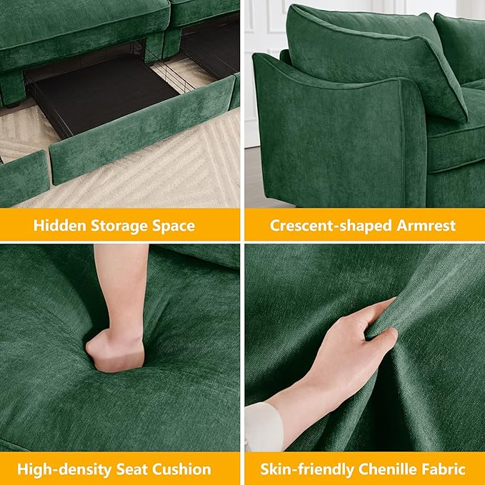 Aoowow Modular Sectional Sofa with Pullout Storage Seat 112.6” L-Shaped Chenille 3-Seat Sofa Couch with Storage Ottoman Upholstered Deep Couches for Living Room Apartment OfficeGreen